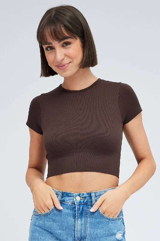 Brown T Shirt Short Sleeve Crew Neck Seamless