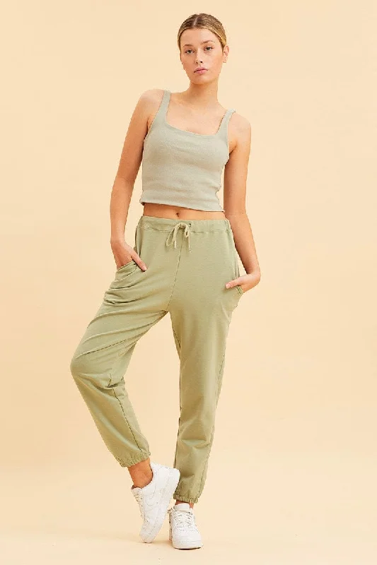 Green Crop Tank Square Neck Cotton Blend Rib