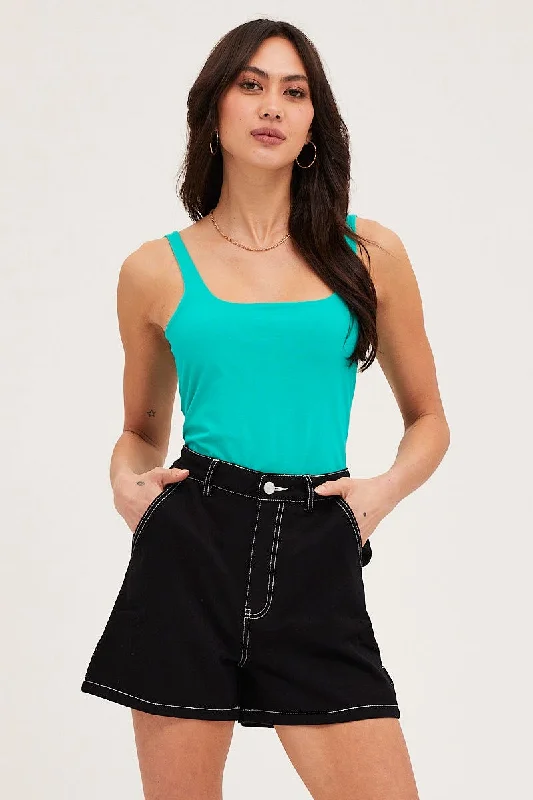 Green Square Neck Basic Tank Top Cotton Span