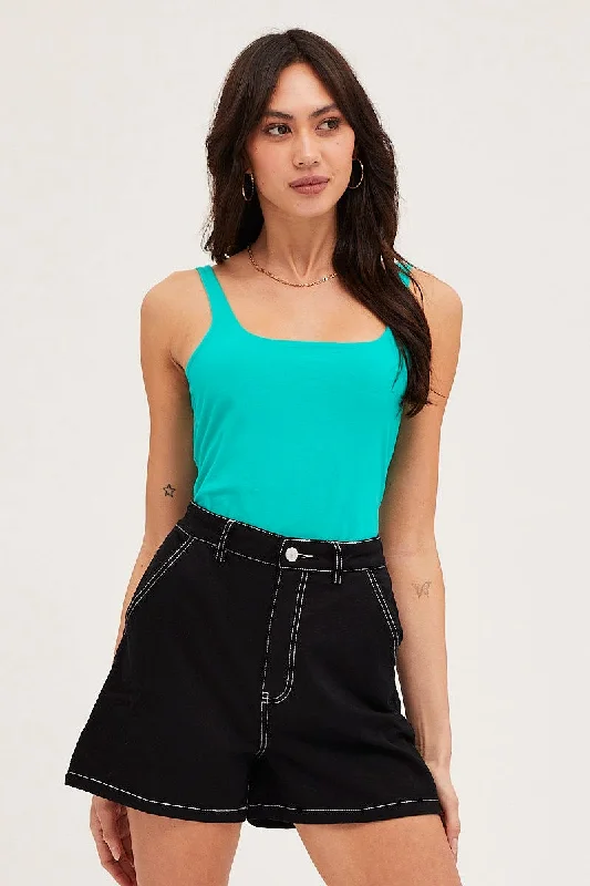 Green Square Neck Basic Tank Top Cotton Span