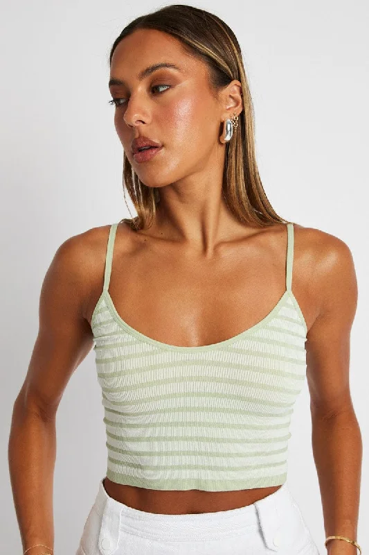 Green Stripe Singlet Sleeveless Scoop Neck Seamless