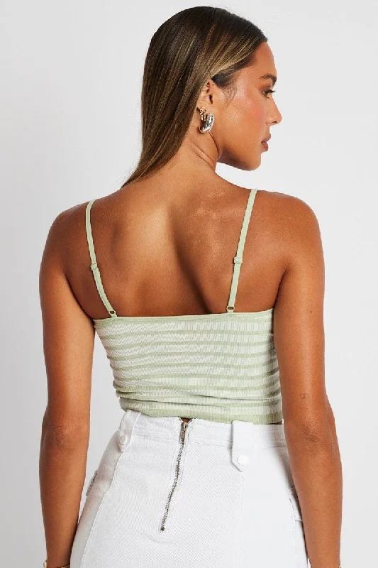 Green Stripe Singlet Sleeveless Scoop Neck Seamless