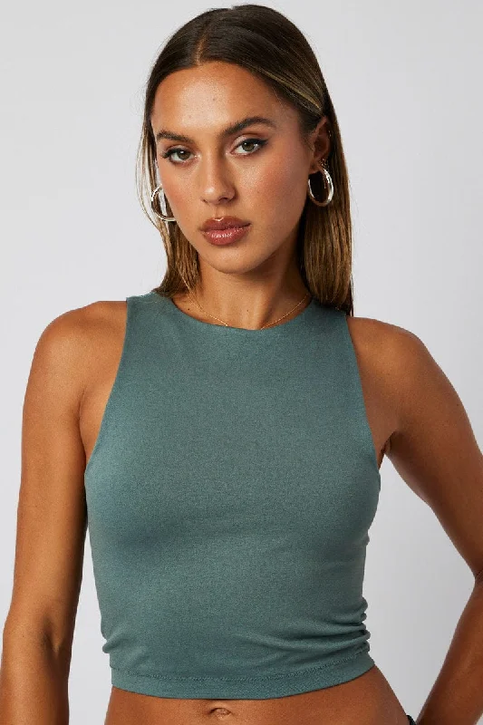 Green Tank Top Crew Neck Seamless