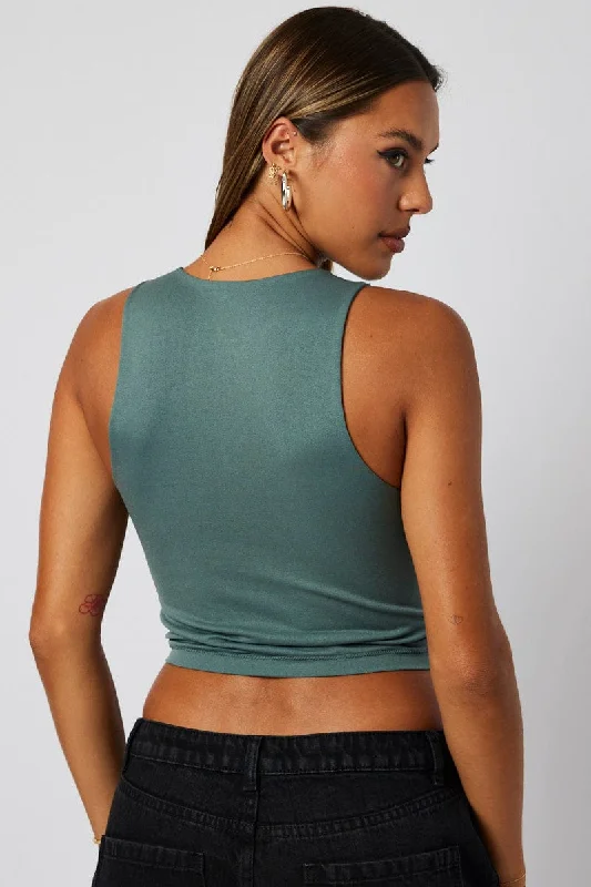 Green Tank Top Crew Neck Seamless