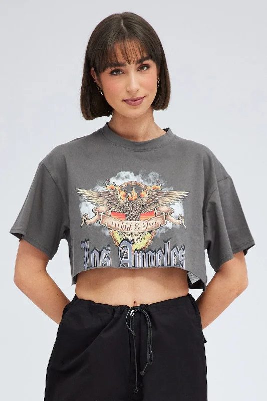 Grey Crop Tee Short Sleeve Graphic Eagle