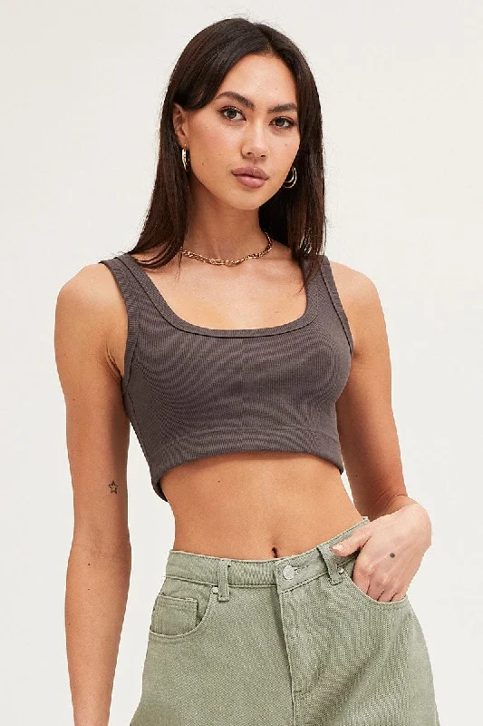 Grey Crop Top Cotton Blend Rib Tank Elasticated Hem