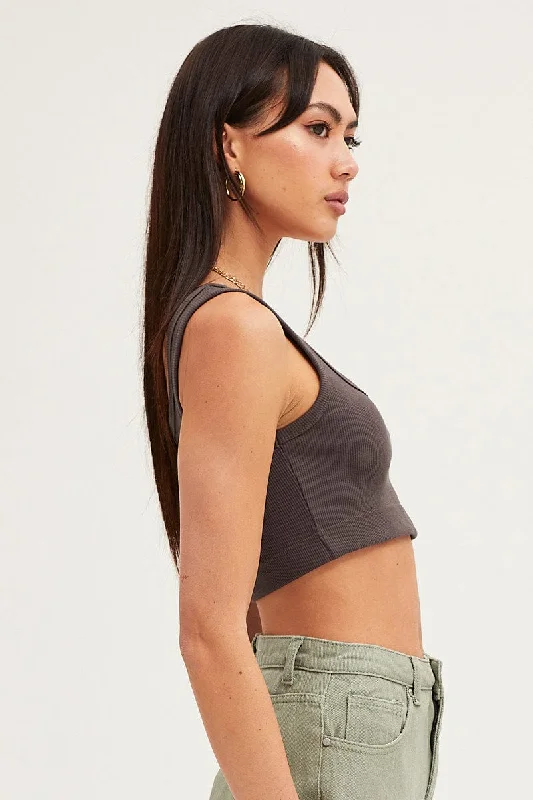 Grey Crop Top Cotton Blend Rib Tank Elasticated Hem