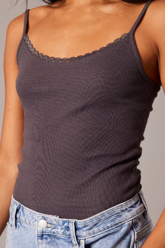 Grey Singlet Top Sleeveless Scoop Neck Lace Trim