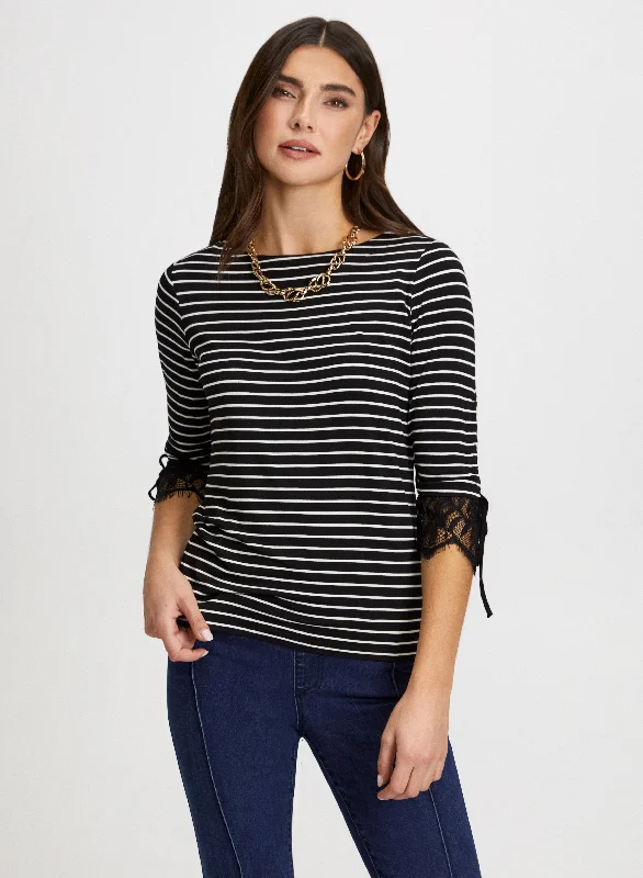 Lace Trim Stripe Motif Top