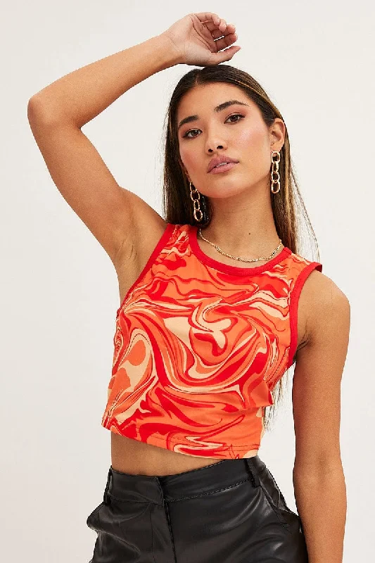 Orange Abstract Tank Top Sleeveless Round Neck Crop Mesh