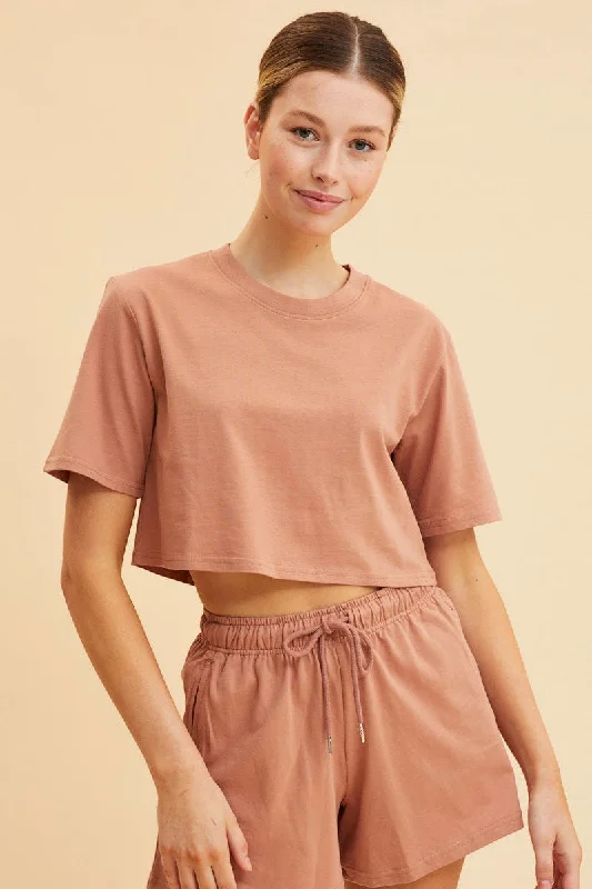 Orange Cropped T-Shirt Crew Neck Short Sleeve Cotton