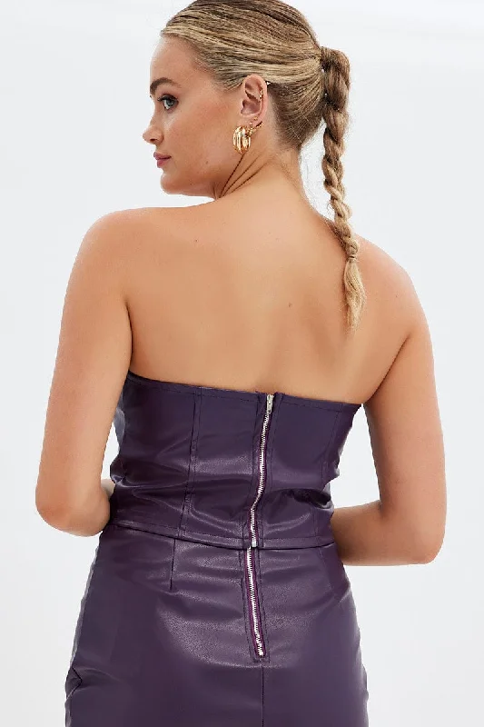 Purple Faux Leather Corset Sleeveless Strapless Bandeau