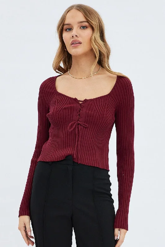 Red Knit Top Long Sleeve Lace Up Detail Ribbed