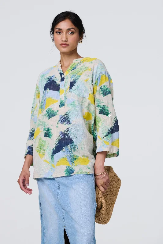 Brushstroke Print Relaxed 3/4 Sleeve Blouse