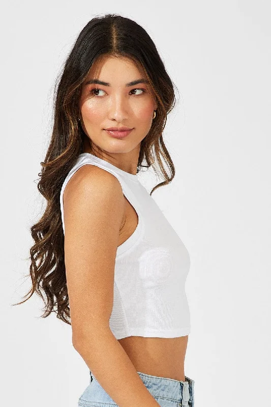 White Crop Tank Top Crew neck