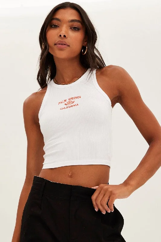 White Graphic Tank Palm Springs Crop