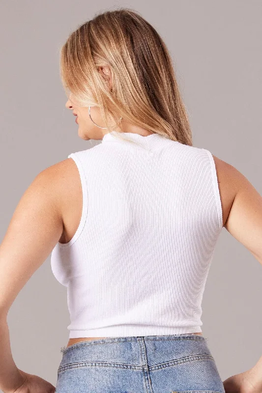 White Tank Top High Neck Seamless