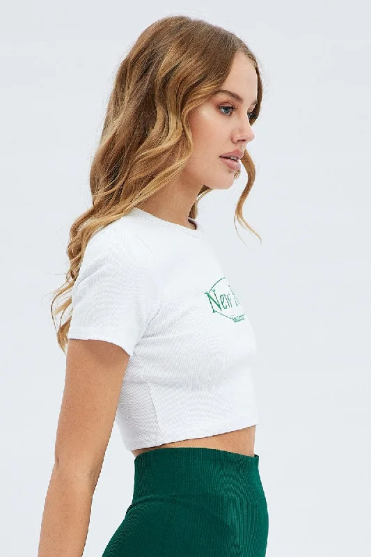 White Tee Crop Short Sleeve New York Embroidery