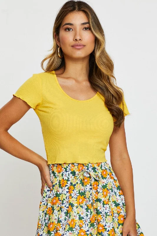 Yellow T Shirt Short Sleeve Crop Crew Neck