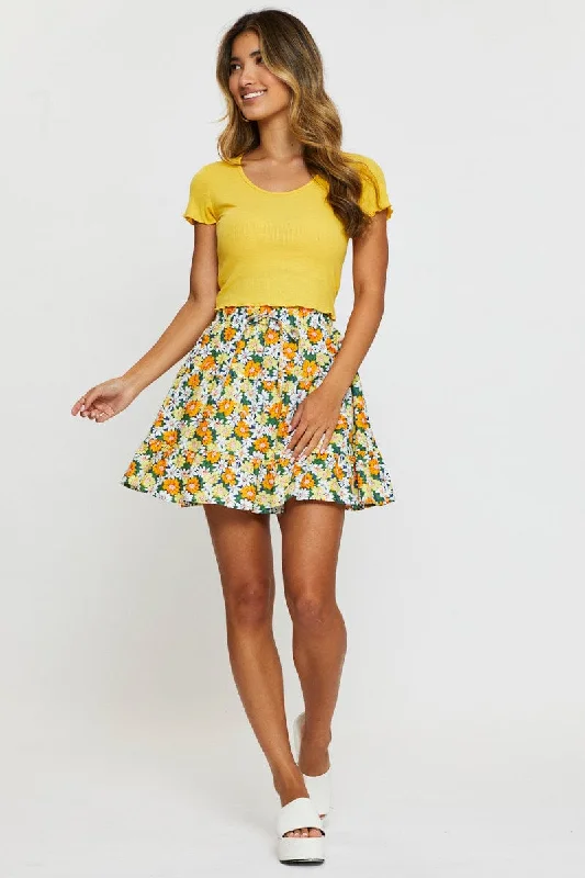 Yellow T Shirt Short Sleeve Crop Crew Neck