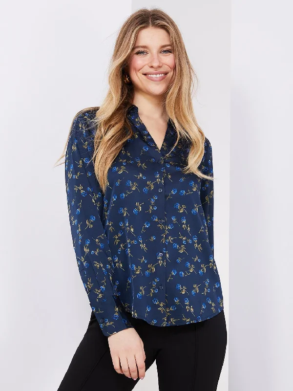 Floral Print Satin Split Neck Button-Front Blouse