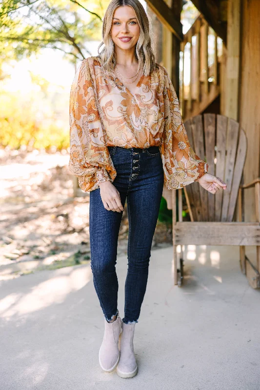 All For Love Camel Brown Floral Bodysuit