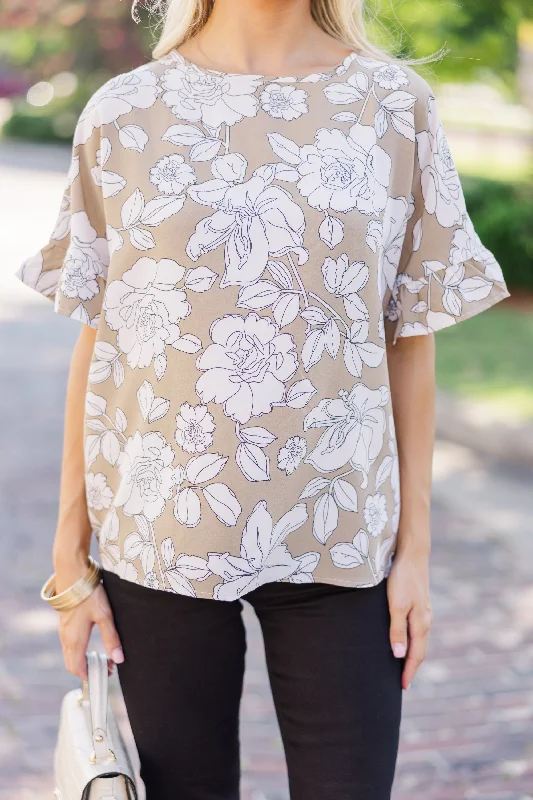 All I Ask Taupe Floral Ruffled Top