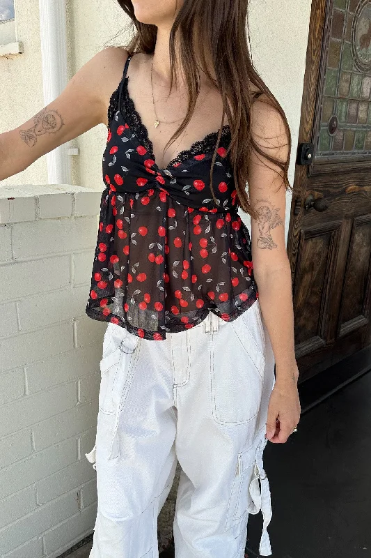 Cherry Printed Cami Mesh Top