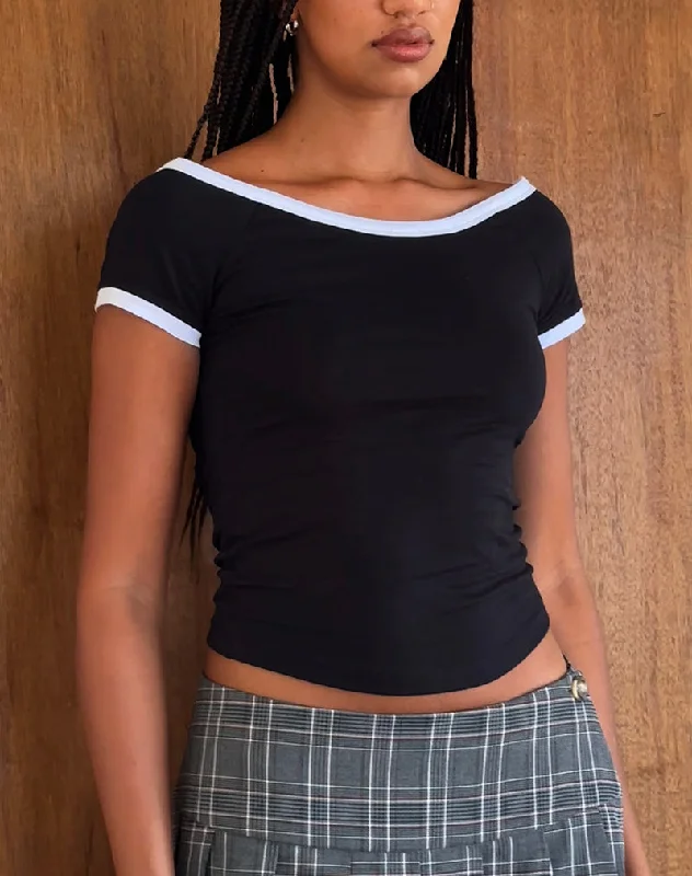 Bitha Crop Top in Black with White Piping