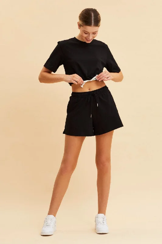 Black Cropped T-Shirt Short Sleeve Drawstring Hem