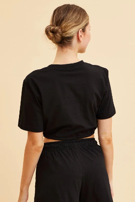 Black Cropped T-Shirt Short Sleeve Drawstring Hem