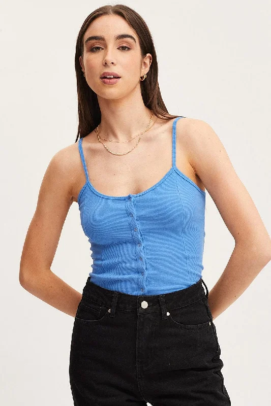 Blue Press Stud Singlet Sleeveless