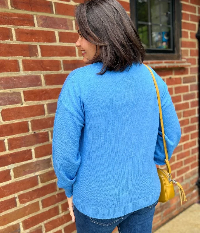 Blue Soft Crew Neck Cardigan