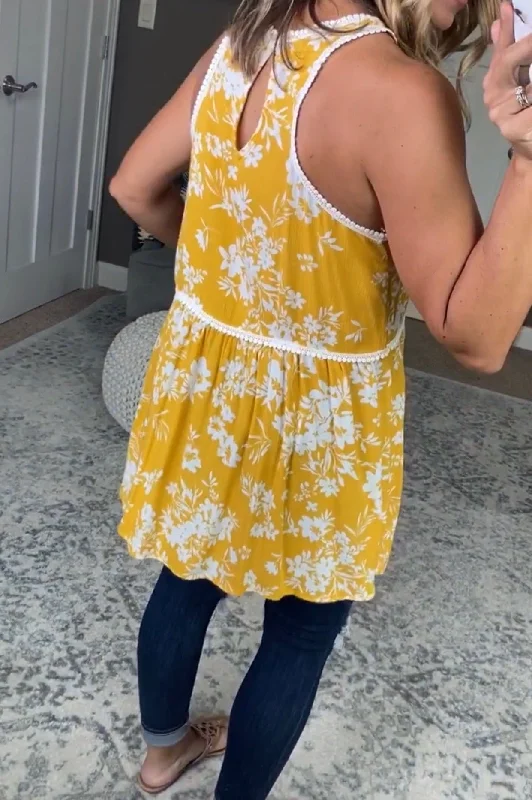 Break My Heart Yellow Floral Babydoll Tank with Lace Detailing