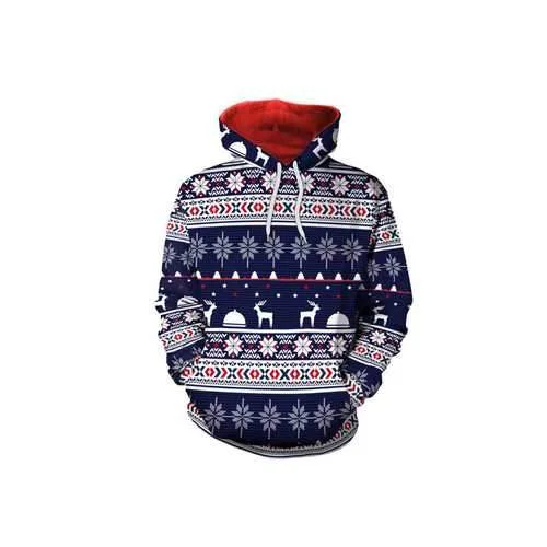 Plus Size Casual Women Blue Christmas Hooded Sweatshirts