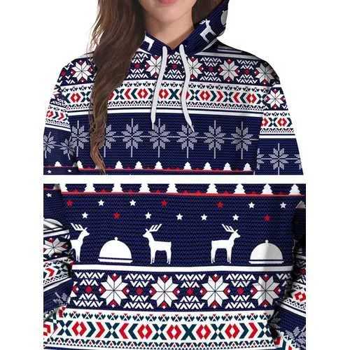 Plus Size Casual Women Blue Christmas Hooded Sweatshirts