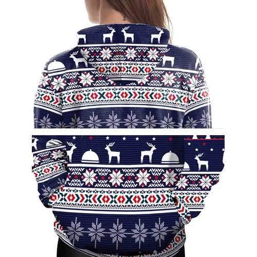 Plus Size Casual Women Blue Christmas Hooded Sweatshirts