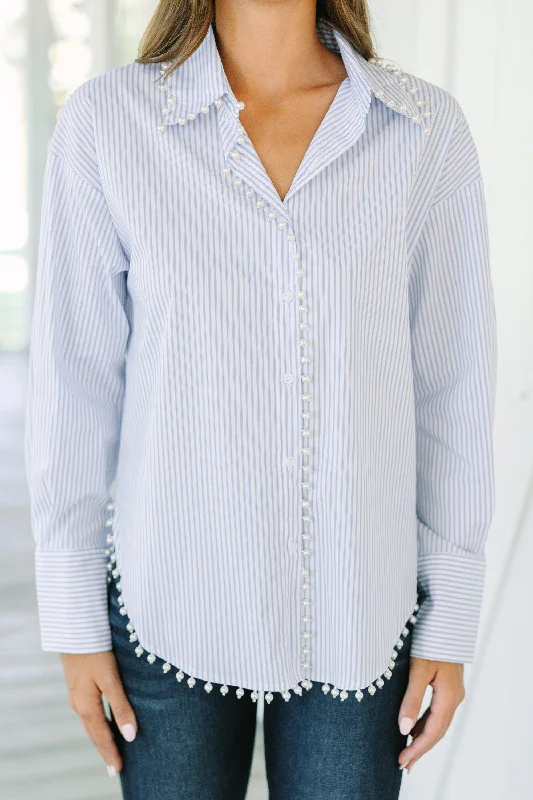 Care To Be Classic Light Blue Striped Button Down Blouse