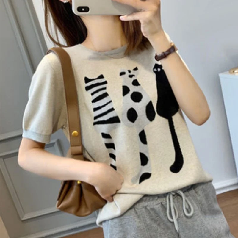 Cartoon Casual Knitted Short Sleeve Shirts & Tops