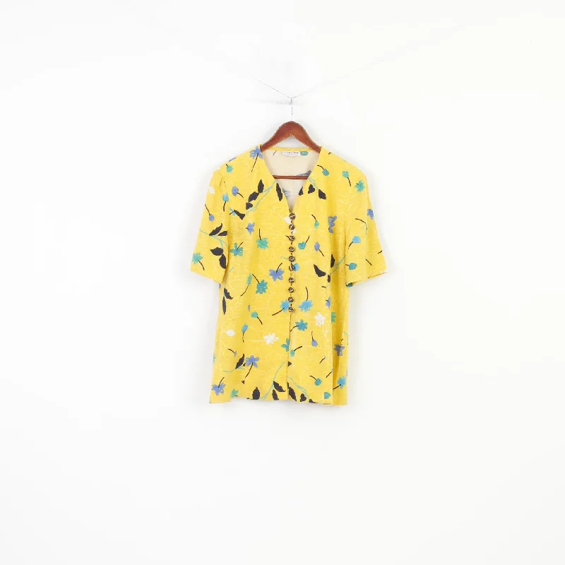 Cavita Schneberger Gruppe Women 18 XL Shirt Button Front Flower Print Blouse Short Sleeve Yellow Summer Vintage V Neck Top