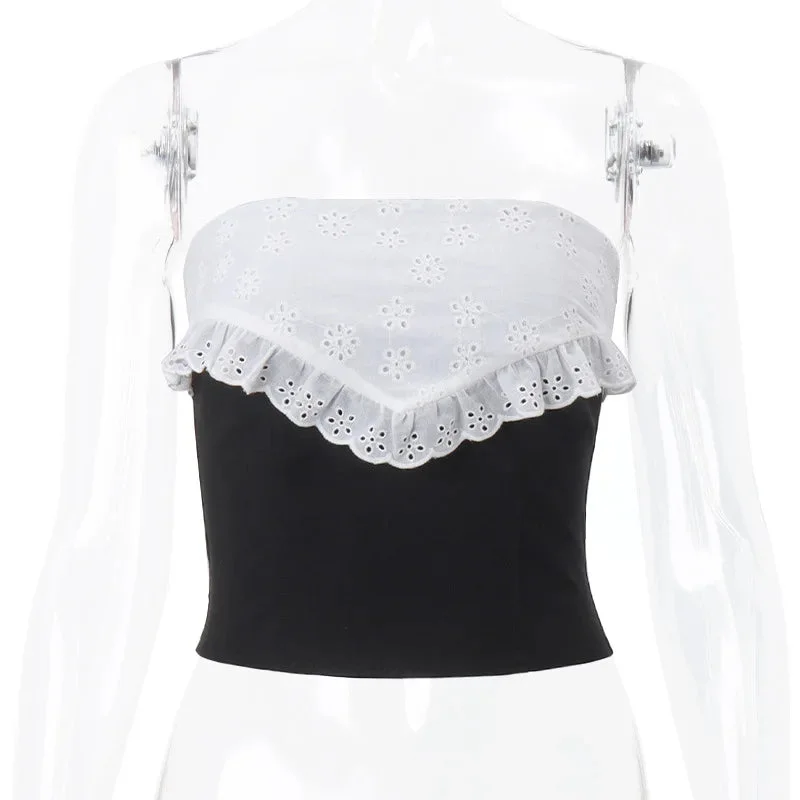 Lace Splice Sexy Off the Shoulders Sleeveless Club Slim Hollow Out Clothing 2024 Crop Top