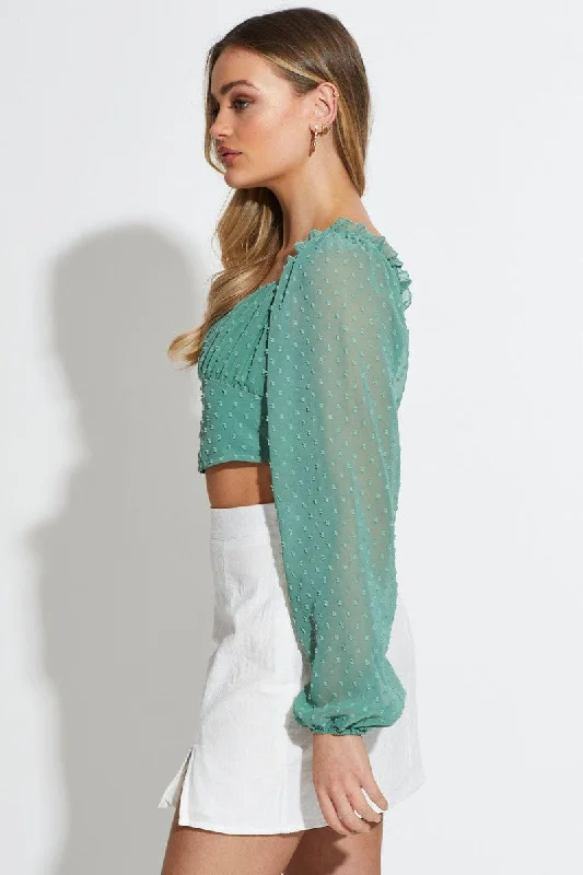 Green Crop Top Long Sleeve Square Neck