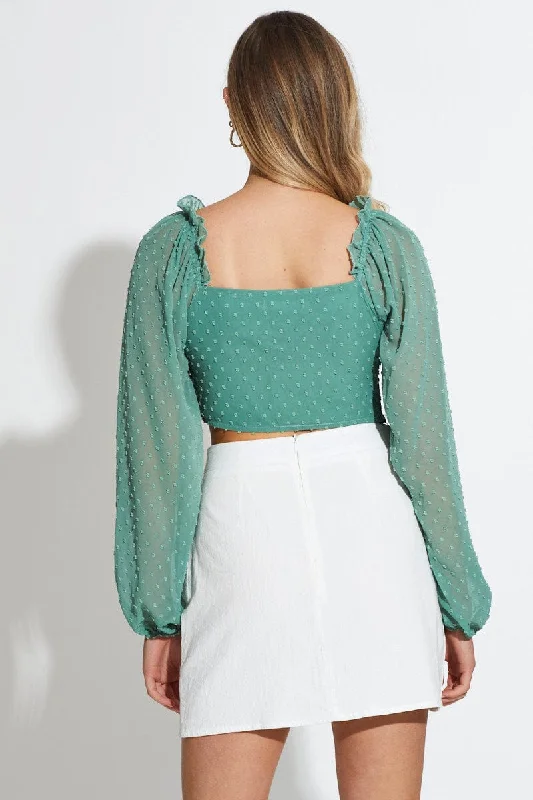 Green Crop Top Long Sleeve Square Neck