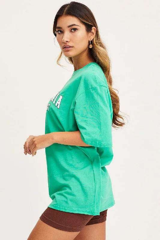 Green Graphic T Shirt Short Sleeve Embroided