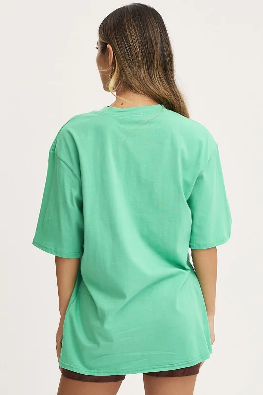 Green Graphic T Shirt Short Sleeve Embroided