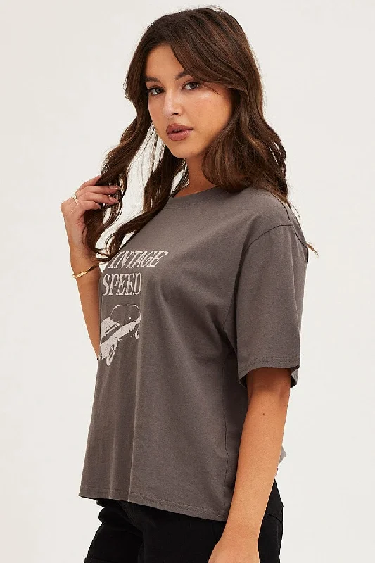 Grey Crew Neck Graphic T-Shirt