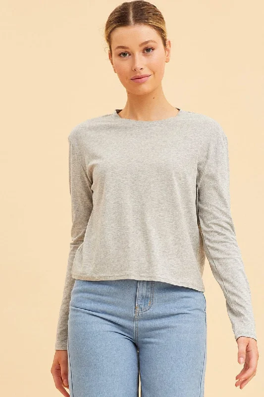 Grey Cropped T-Shirt Long Sleeve Crew Neck Cotton