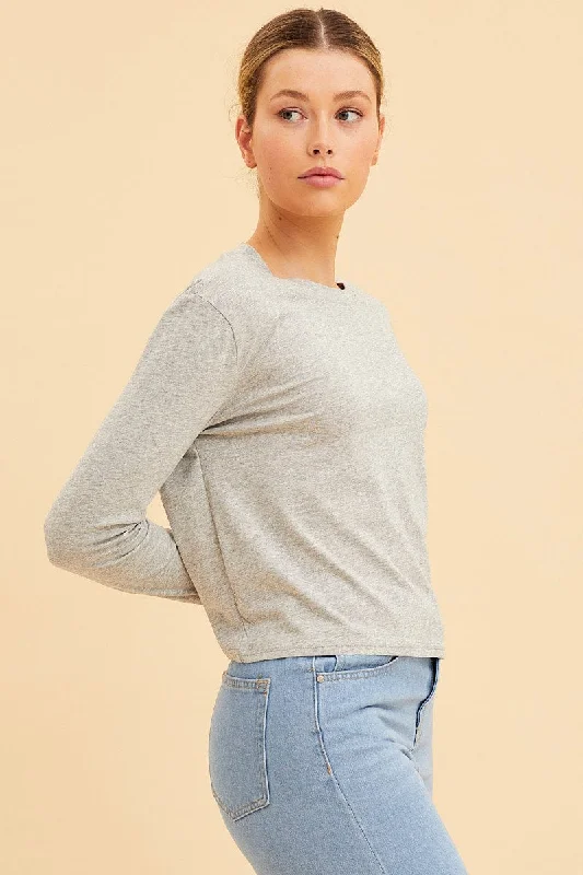 Grey Cropped T-Shirt Long Sleeve Crew Neck Cotton