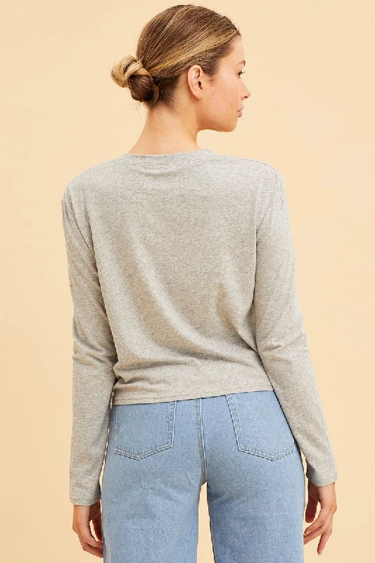 Grey Cropped T-Shirt Long Sleeve Crew Neck Cotton