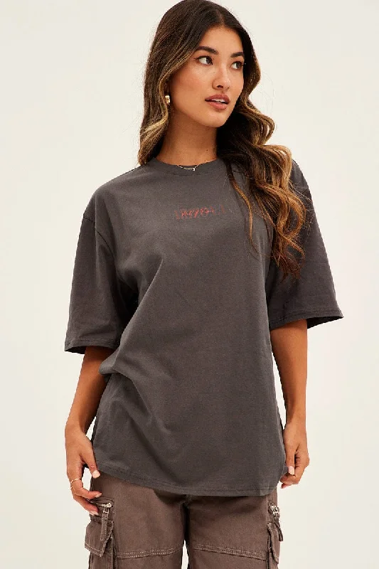 Grey Graphic T-Shirt Short Sleeve Crew Neck Oversized